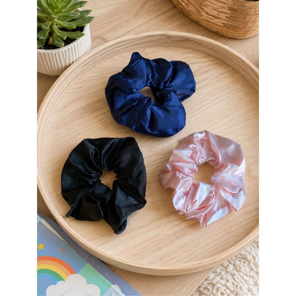 Set of 3 Oversized Scrunchies - Black, Pink & Blue in Silky Satin